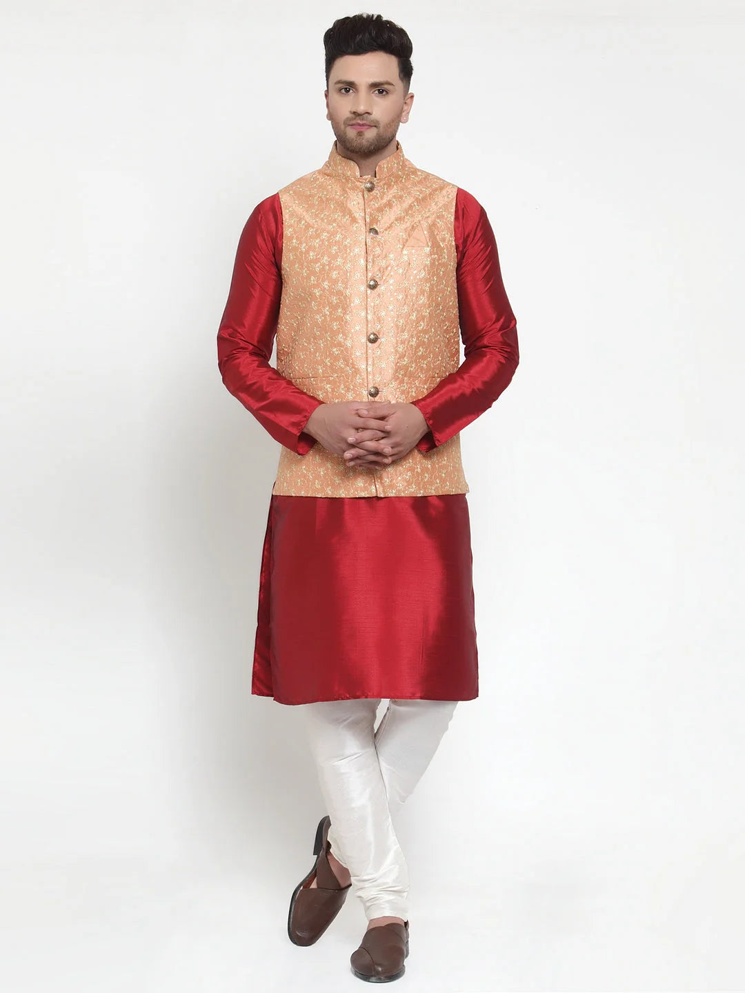 Solid Kurta Pajama Set with Embroidered Nehru Jacket for Men