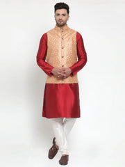 Men's Solid Dupion Kurta Pajama with Embroidered lock Nehru Jacket