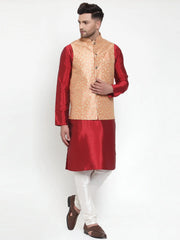 Men's Solid Dupion Kurta Pajama with Embroidered lock Nehru Jacket