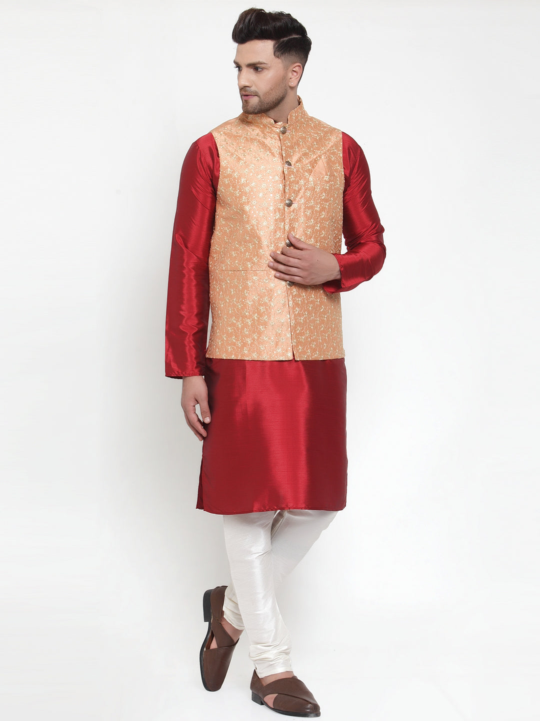 Solid Kurta Pajama Set with Embroidered Nehru Jacket for Men