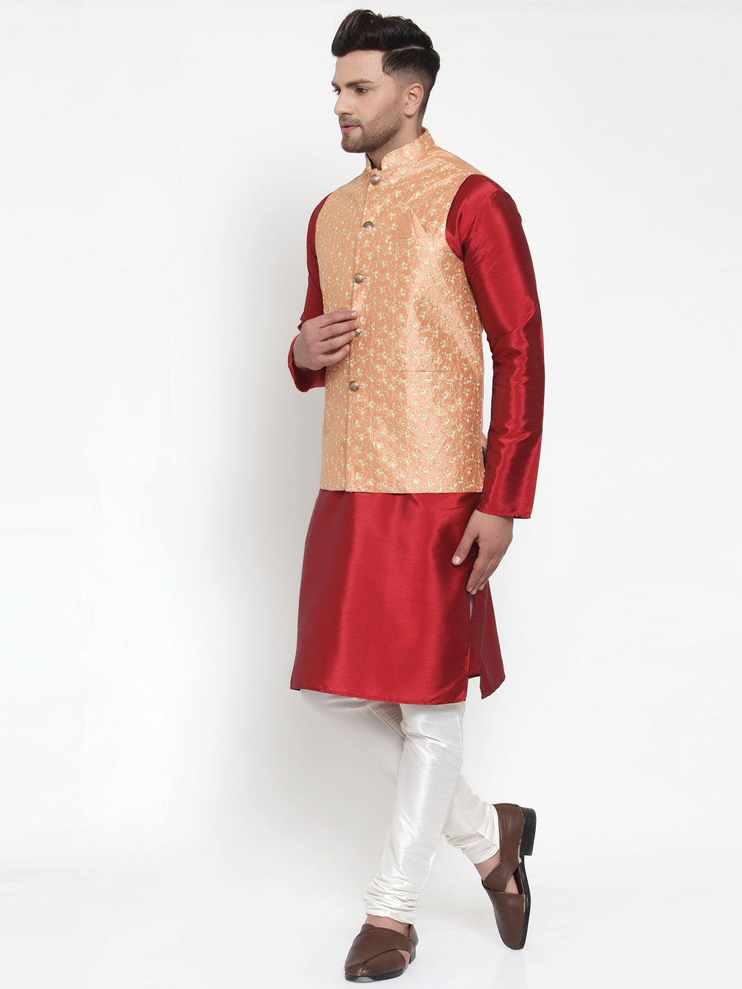 Solid Kurta Pajama Set with Embroidered Nehru Jacket for Men