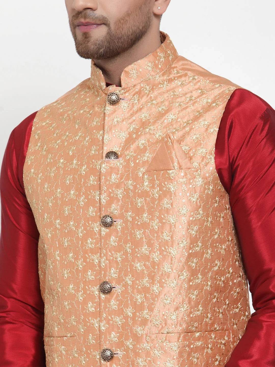 Solid Kurta Pajama Set with Embroidered Nehru Jacket for Men