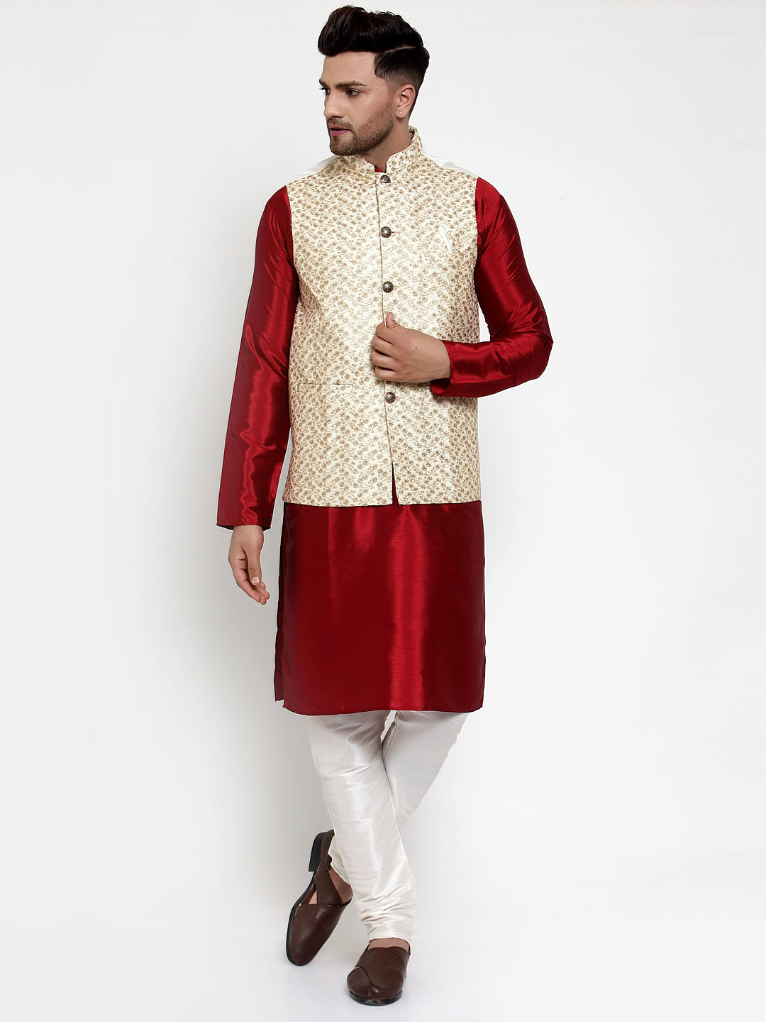 Mens Kurta Pajama with Embroidered Nehru Jacket - Solid Dupion