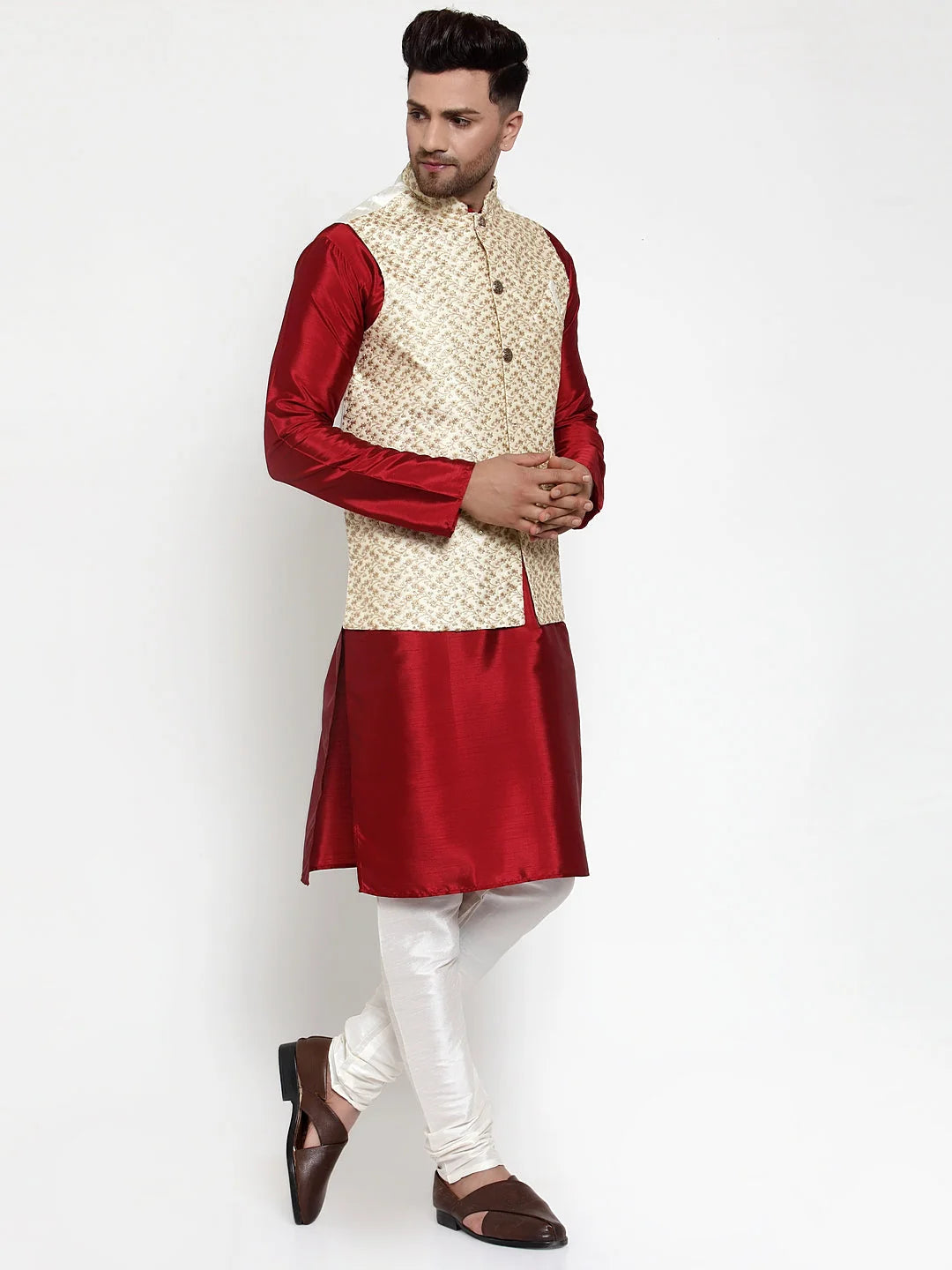 Mens Kurta Pajama with Embroidered Nehru Jacket - Solid Dupion