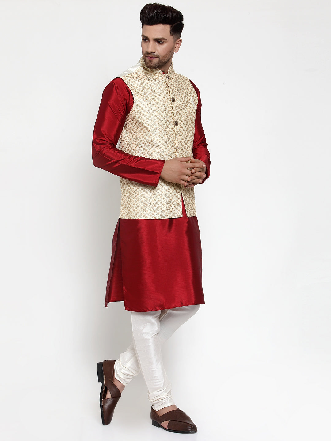 Mens Kurta Pajama with Embroidered Nehru Jacket - Solid Dupion