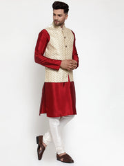 Men's Solid Dupion Kurta Assort Pajama with Embroidered Nehru Jacket