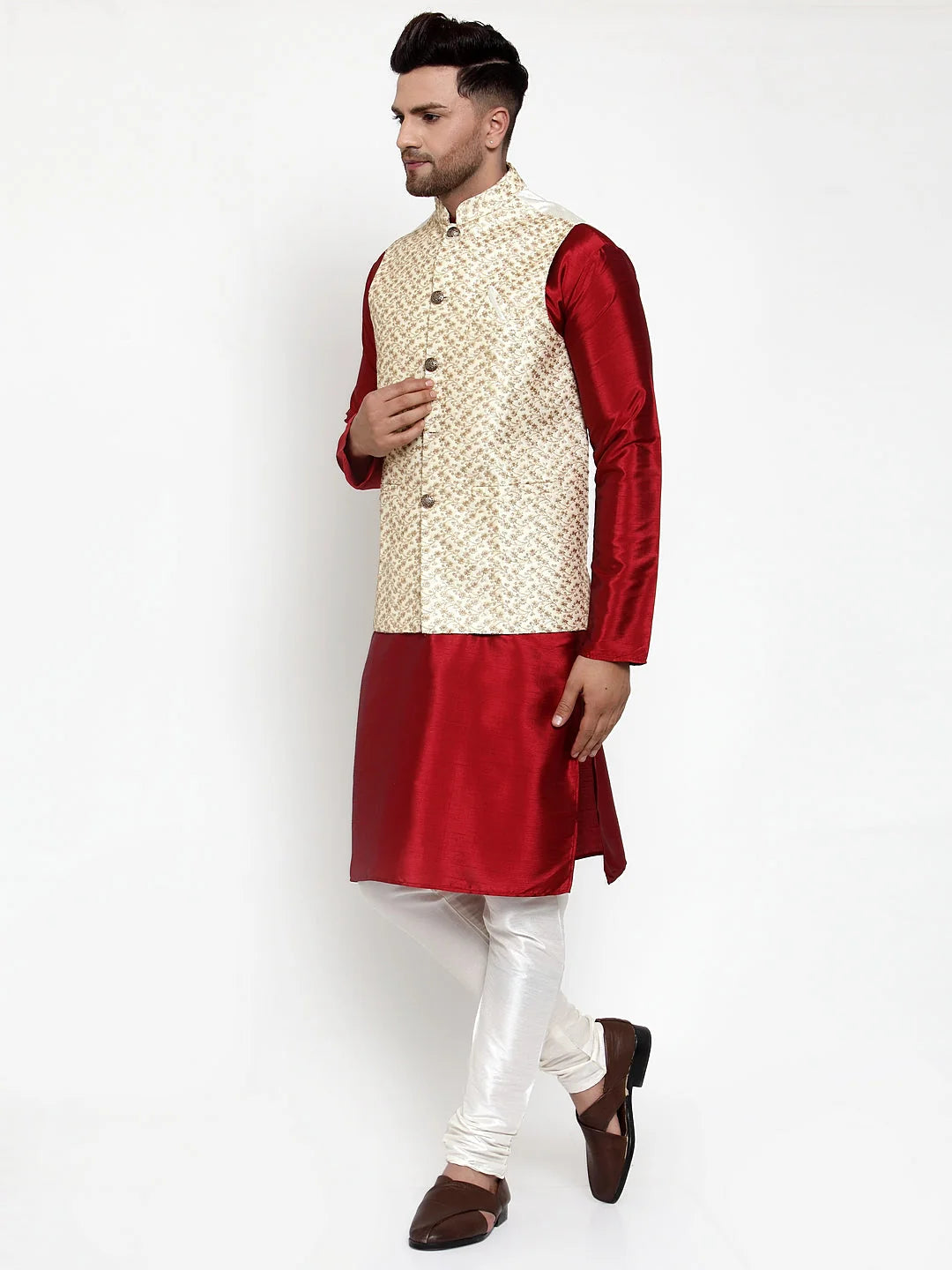 Mens Kurta Pajama with Embroidered Nehru Jacket - Solid Dupion