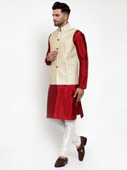 Men's Solid Dupion Kurta Assort Pajama with Embroidered Nehru Jacket