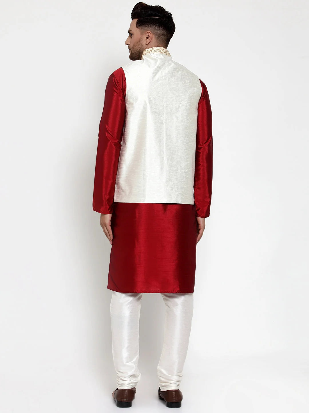 Mens Kurta Pajama with Embroidered Nehru Jacket - Solid Dupion