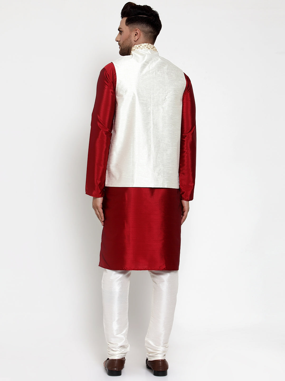 Mens Kurta Pajama with Embroidered Nehru Jacket - Solid Dupion