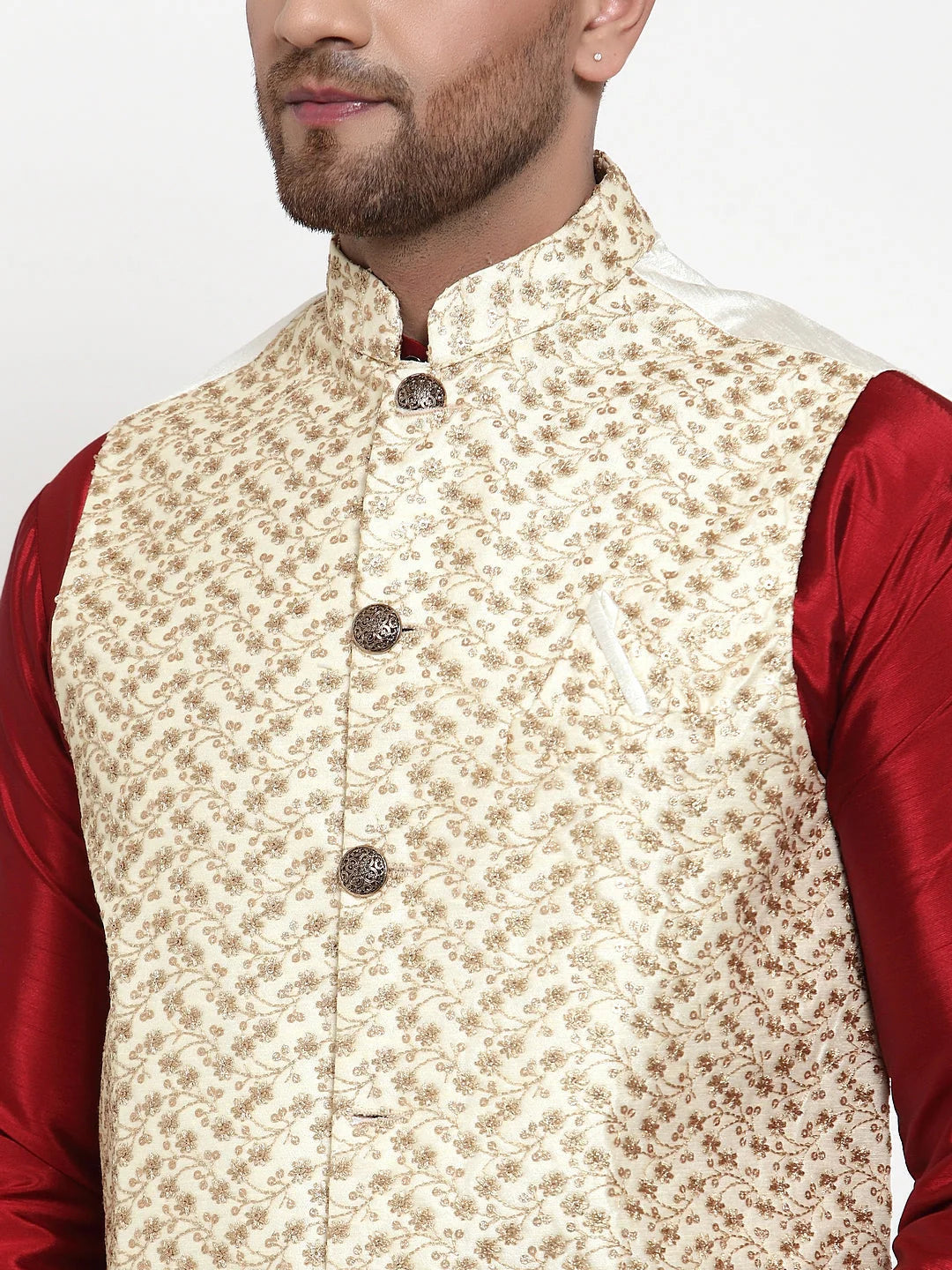 Mens Kurta Pajama with Embroidered Nehru Jacket - Solid Dupion