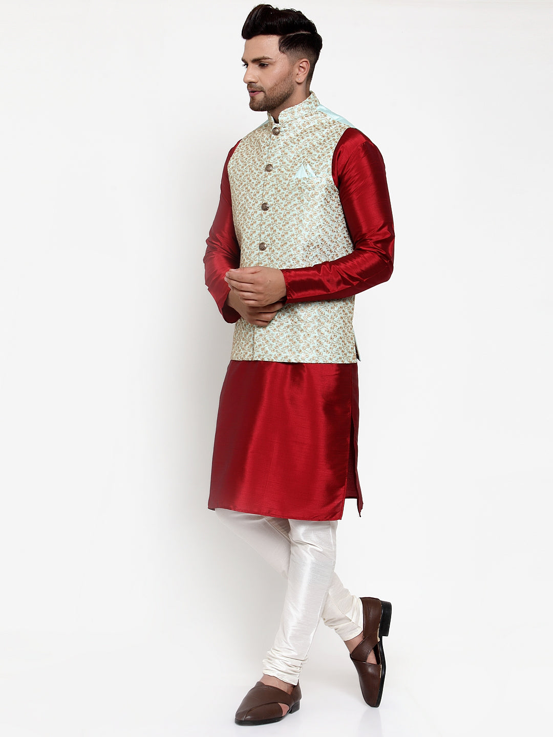 Super Solid Cotton Mens Kurta Pajama Set with Nehru Jacket