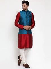 Men's Solid Neon Dupion Kurta Pajama with Woven Nehru Jacket
