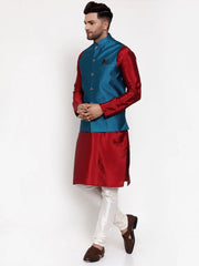 Men's Solid Neon Dupion Kurta Pajama with Woven Nehru Jacket