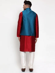 Men's Solid Neon Dupion Kurta Pajama with Woven Nehru Jacket