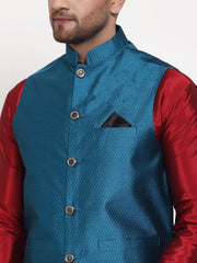 Men's Solid Neon Dupion Kurta Pajama with Woven Nehru Jacket