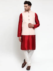 Men's Solid Dupion Kurta Pajama with Embroiderd Nehru Jacket