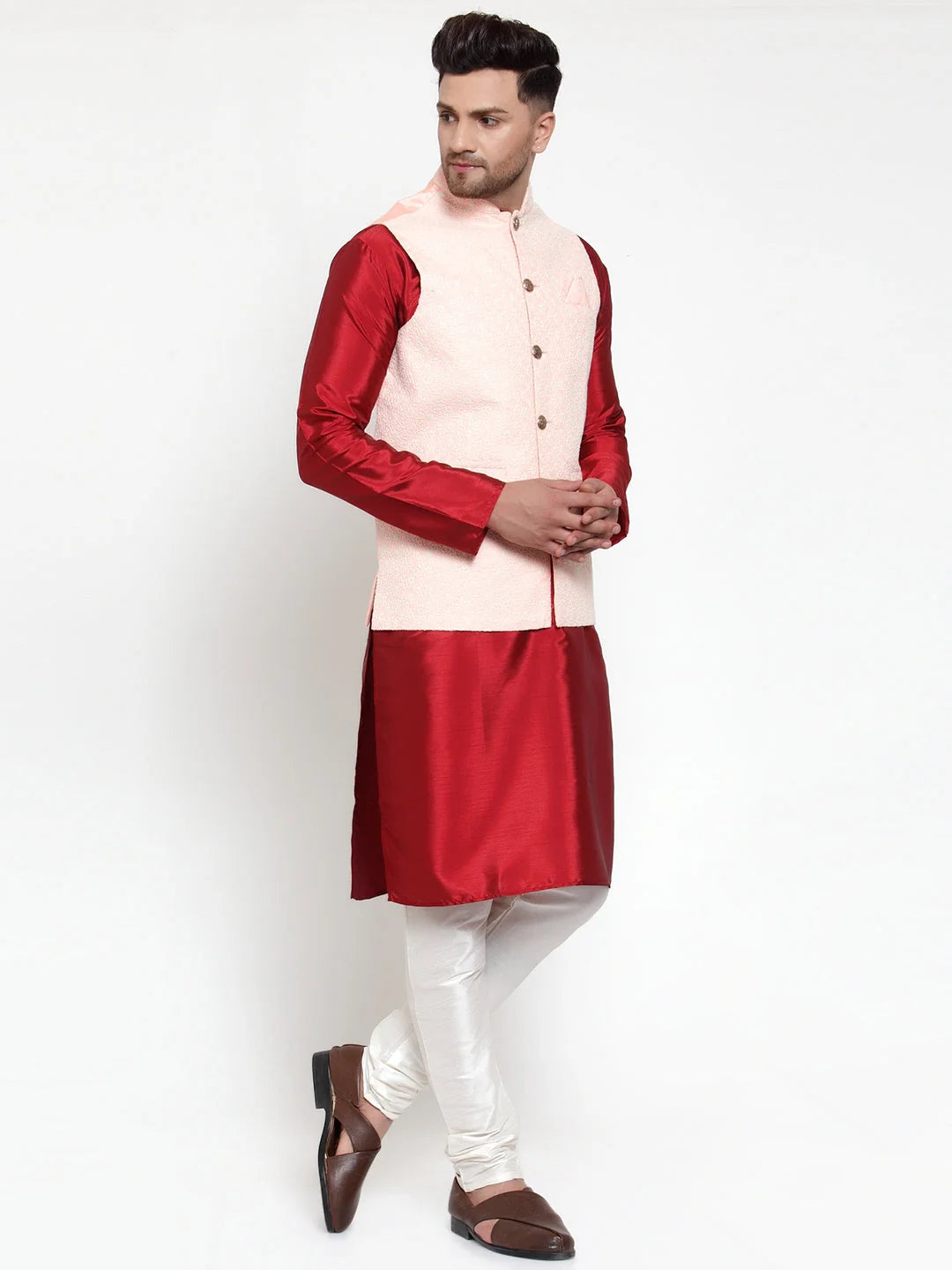 Embroidered Nehru Jacket with Solid Men's Kurta Pajama Set