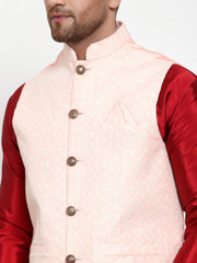 Men's Solid Dupion Kurta Pajama with Embroiderd Nehru Jacket