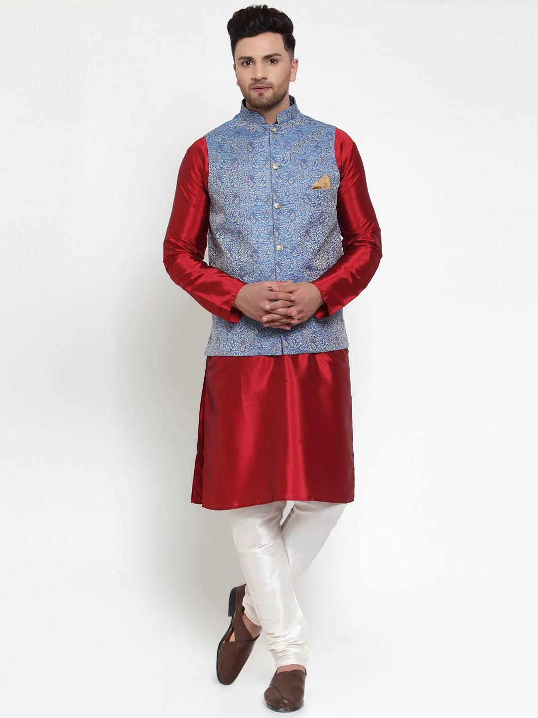 Men's Solid Kurta Pajama Set with Jacquard Nehru Jacket