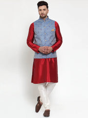 Men's Solid Dupion Kurta Pajama with Woven Jacqaurd Nehru Jacket