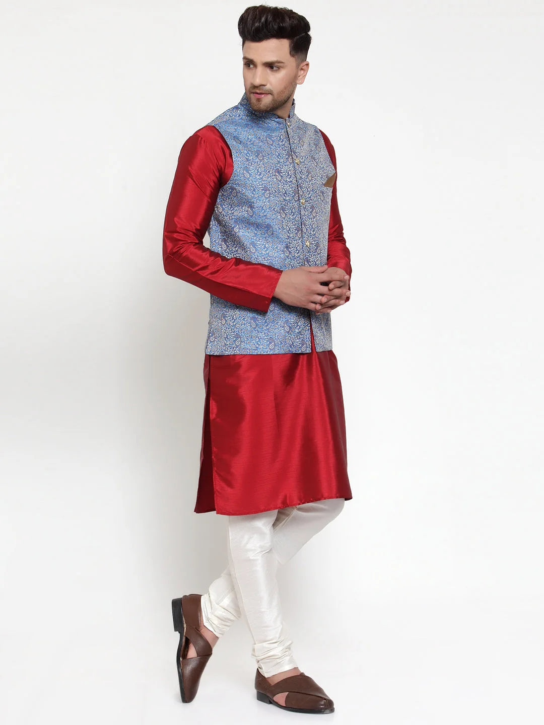 Men's Solid Kurta Pajama Set with Jacquard Nehru Jacket