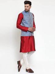 Men's Solid Dupion Kurta Pajama with Woven Jacqaurd Nehru Jacket