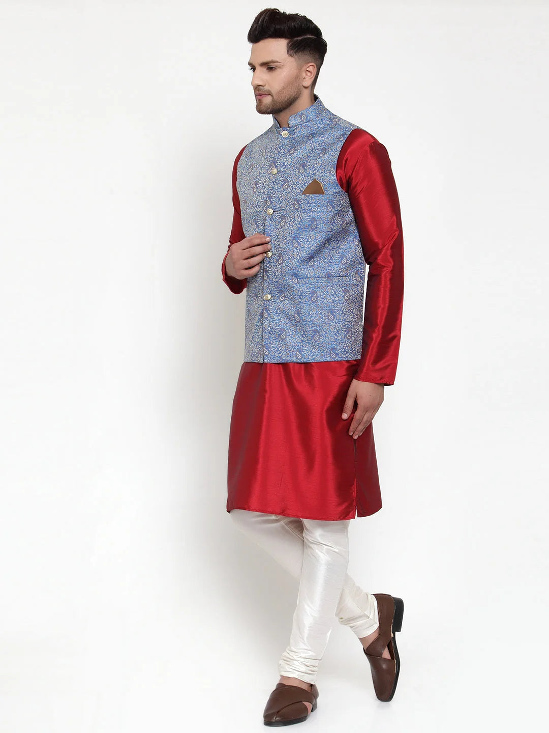 Men's Solid Kurta Pajama Set with Jacquard Nehru Jacket