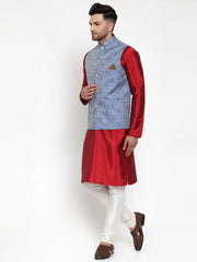Men's Solid Dupion Kurta Pajama with Woven Jacqaurd Nehru Jacket