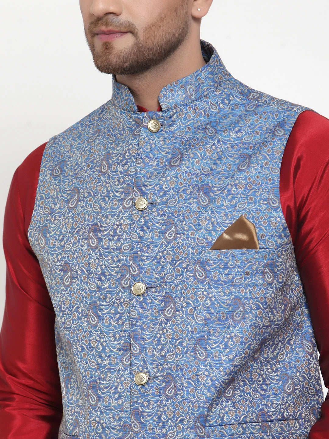 Men's Solid Kurta Pajama Set with Jacquard Nehru Jacket
