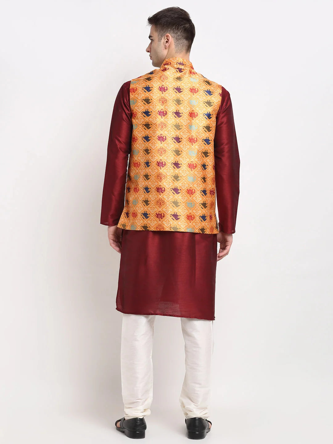 Maroon Silk Mens Kurta Pajama Set with Nehru Jacket | Shop Now