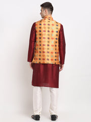 Men's Maroon Silk Kurta with Churidar & Nehru Jacket