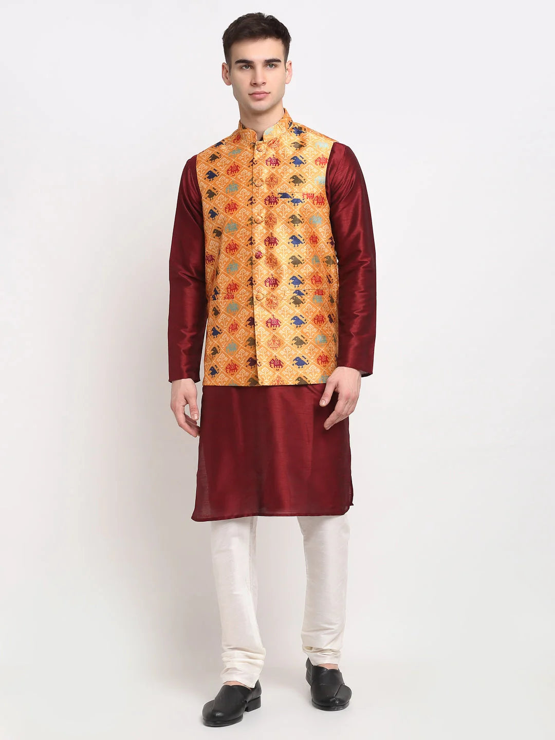 Men's Maroon Silk Kurta with Churidar & Nehru Jacket