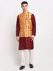 Men's Maroon Silk Kurta with Churidar & Nehru Jacket