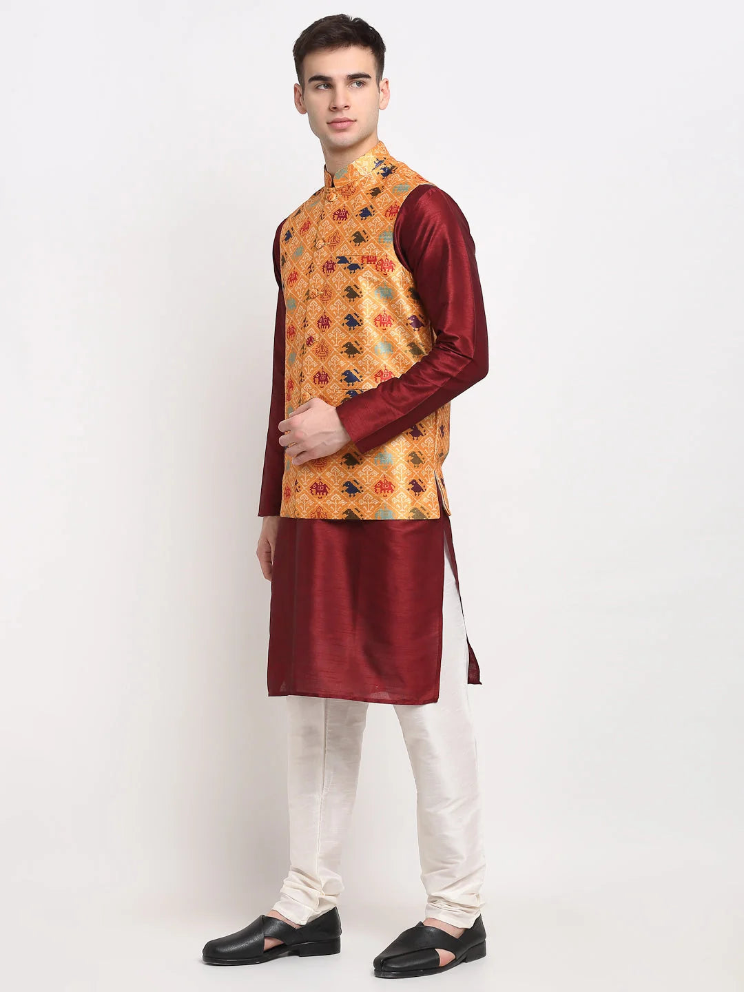 Maroon Silk Mens Kurta Pajama Set with Nehru Jacket | Shop Now