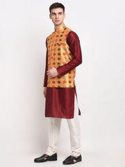 Men's Maroon Silk Kurta with Churidar & Nehru Jacket