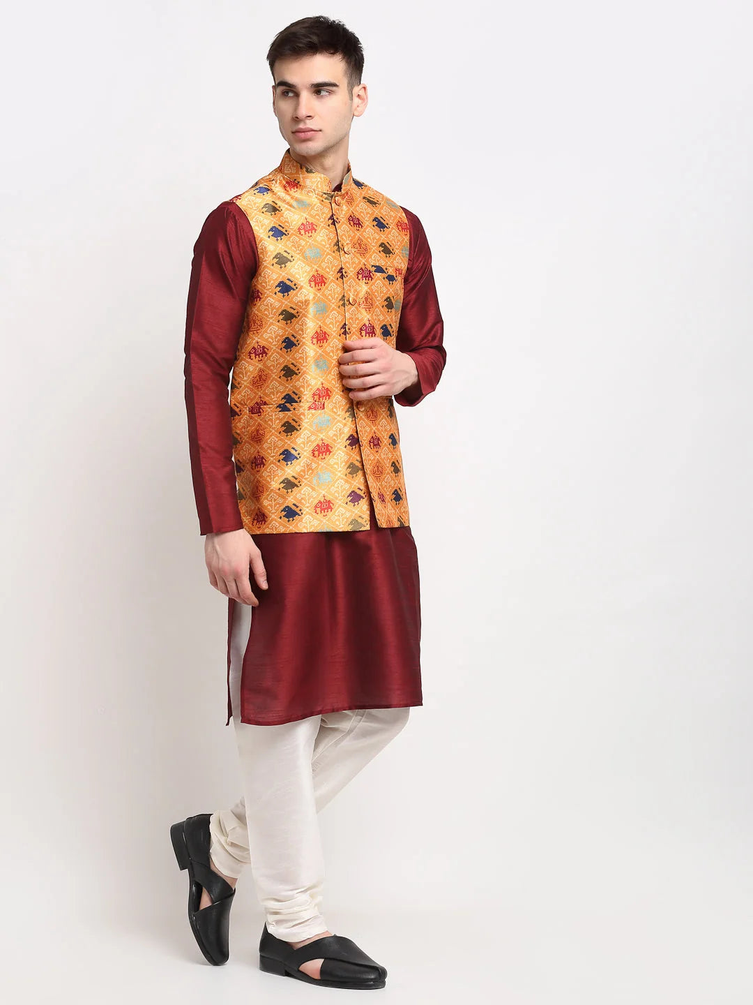 Maroon Silk Mens Kurta Pajama Set with Nehru Jacket | Shop Now