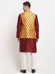 Men's Maroon Dupion Silk Kurta with Churidar & Nehru Jacket