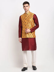 Men's Maroon Dupion Silk Kurta with Churidar & Nehru Jacket
