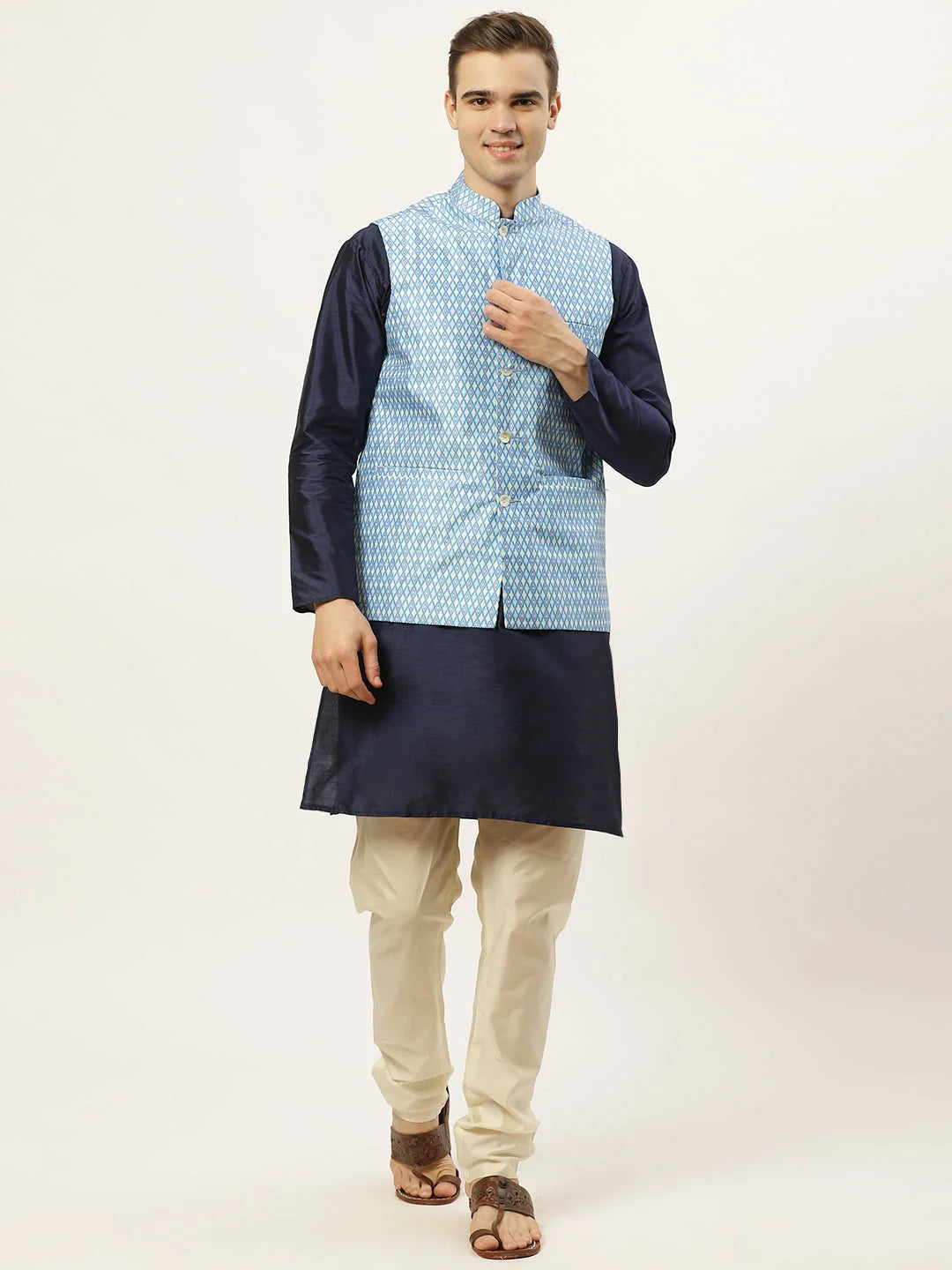Ikat Print Nehru Jacket & Kurta Pajama Set for Men - Shop Now