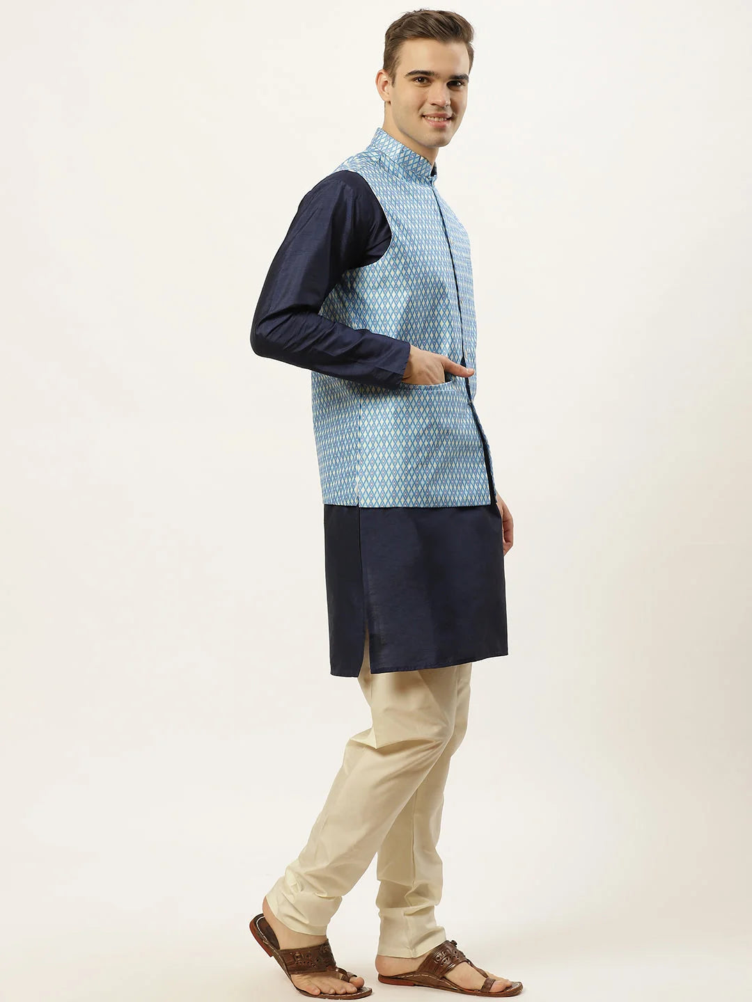 Ikat Print Nehru Jacket & Kurta Pajama Set for Men - Shop Now