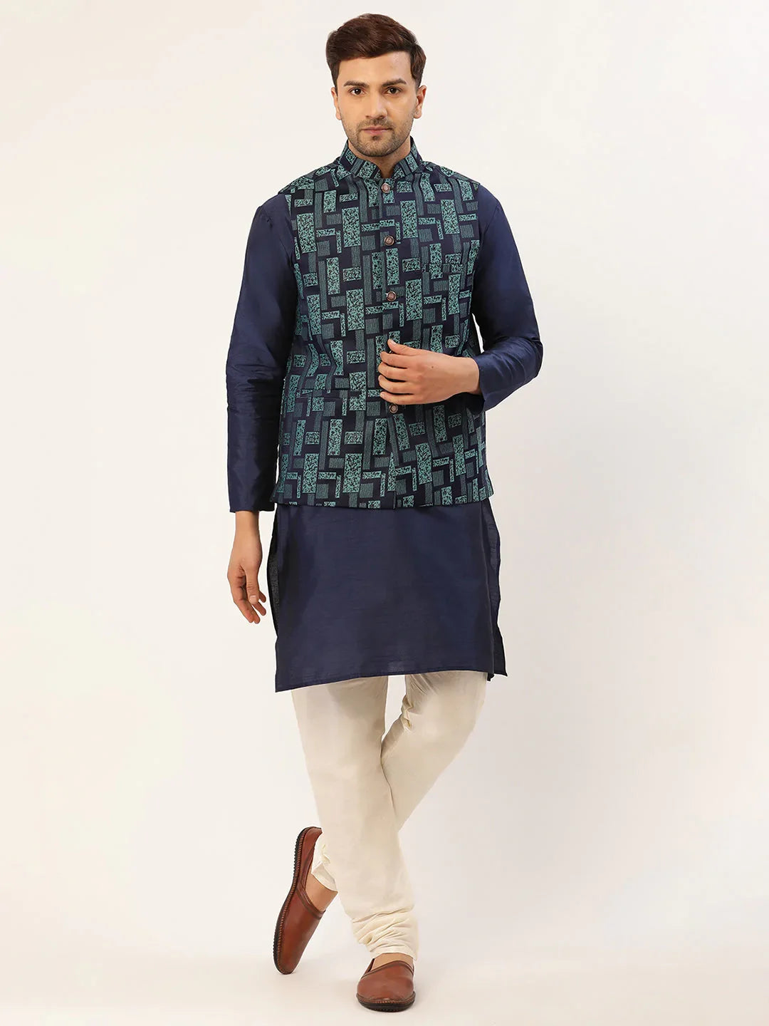 DesiQlo Men Ethnic Set with waistcoat - Blue - JOKPWC_N-D_4037Blue_S
