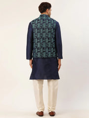 Men's Solid Kurta Pyjama With Blue Woven Design Nehru Jacket( JOKPWC N-D 4037Blue )