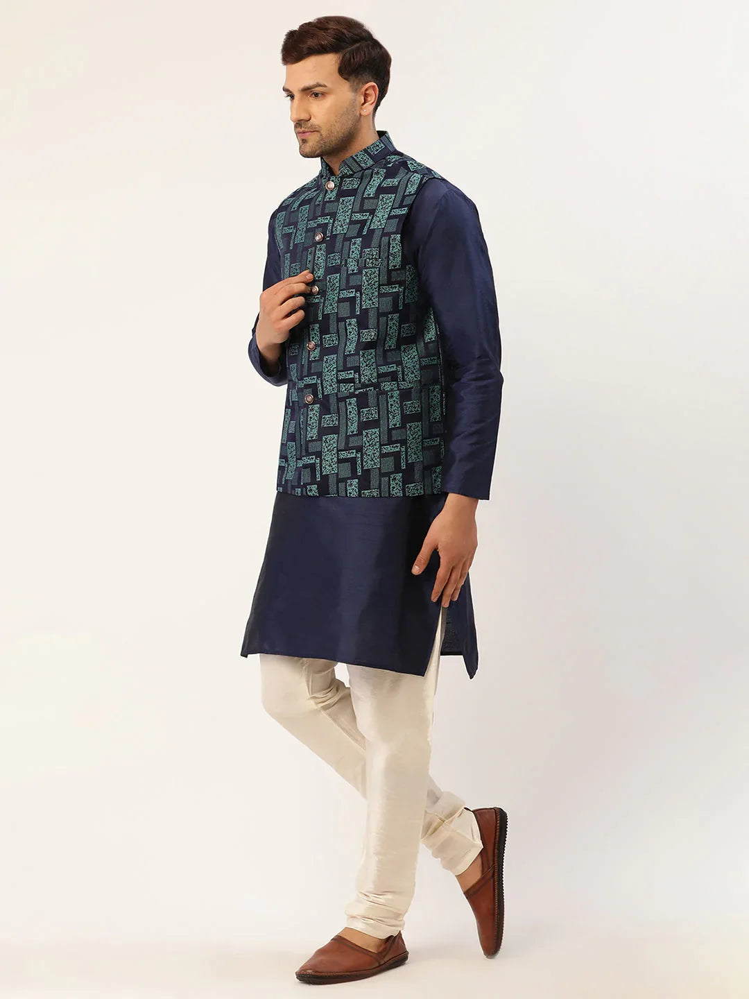 DesiQlo Men Ethnic Set with waistcoat - Blue - JOKPWC_N-D_4037Blue_S