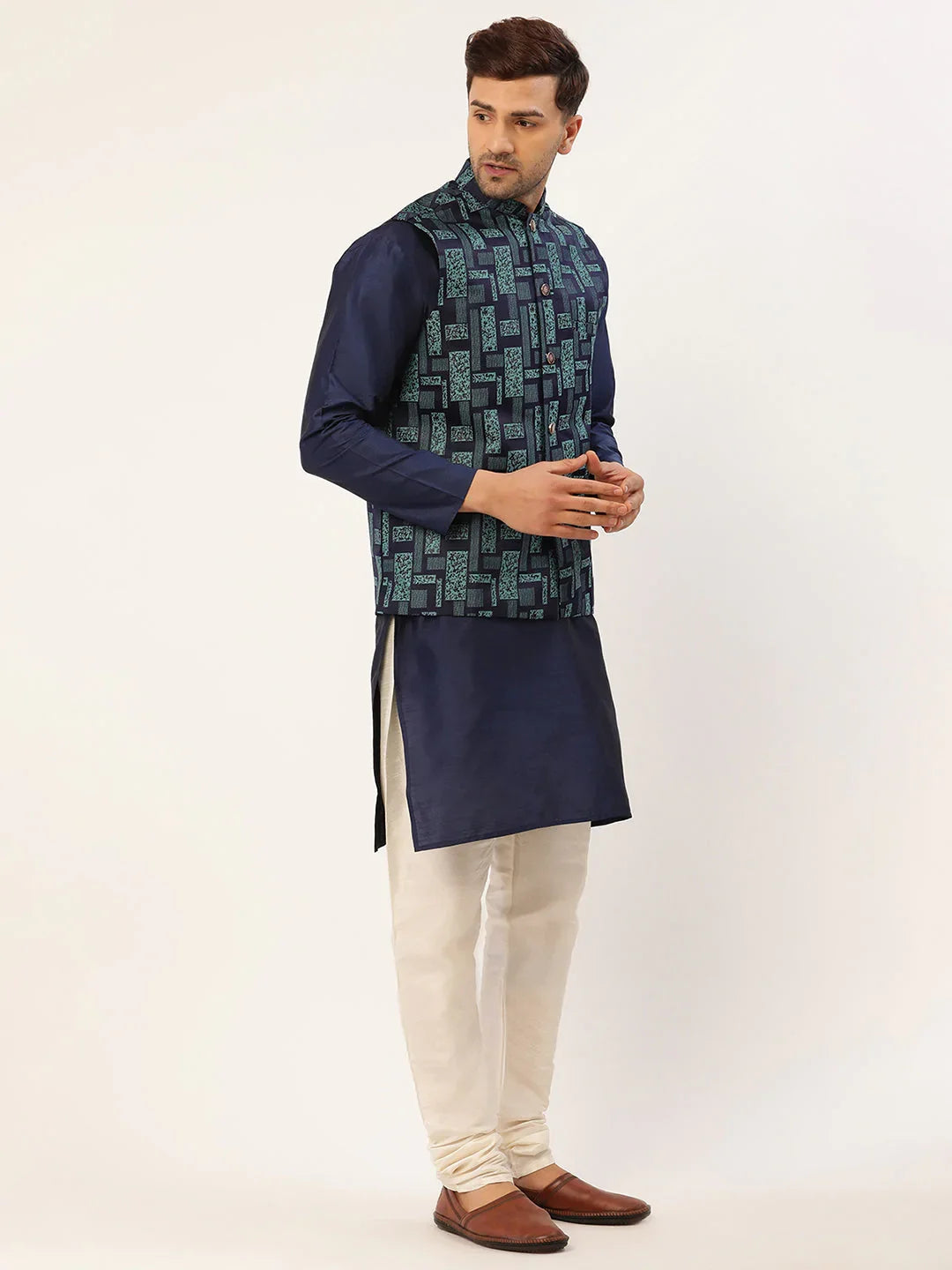 DesiQlo Men Ethnic Set with waistcoat - Blue - JOKPWC_N-D_4037Blue_S