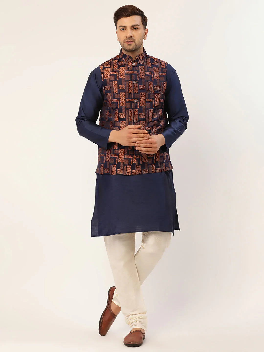 Men's Solid Kurta Pyjama With Bronze Woven Design Nehru Jacket( JOKPWC N-D 4037Bronze )