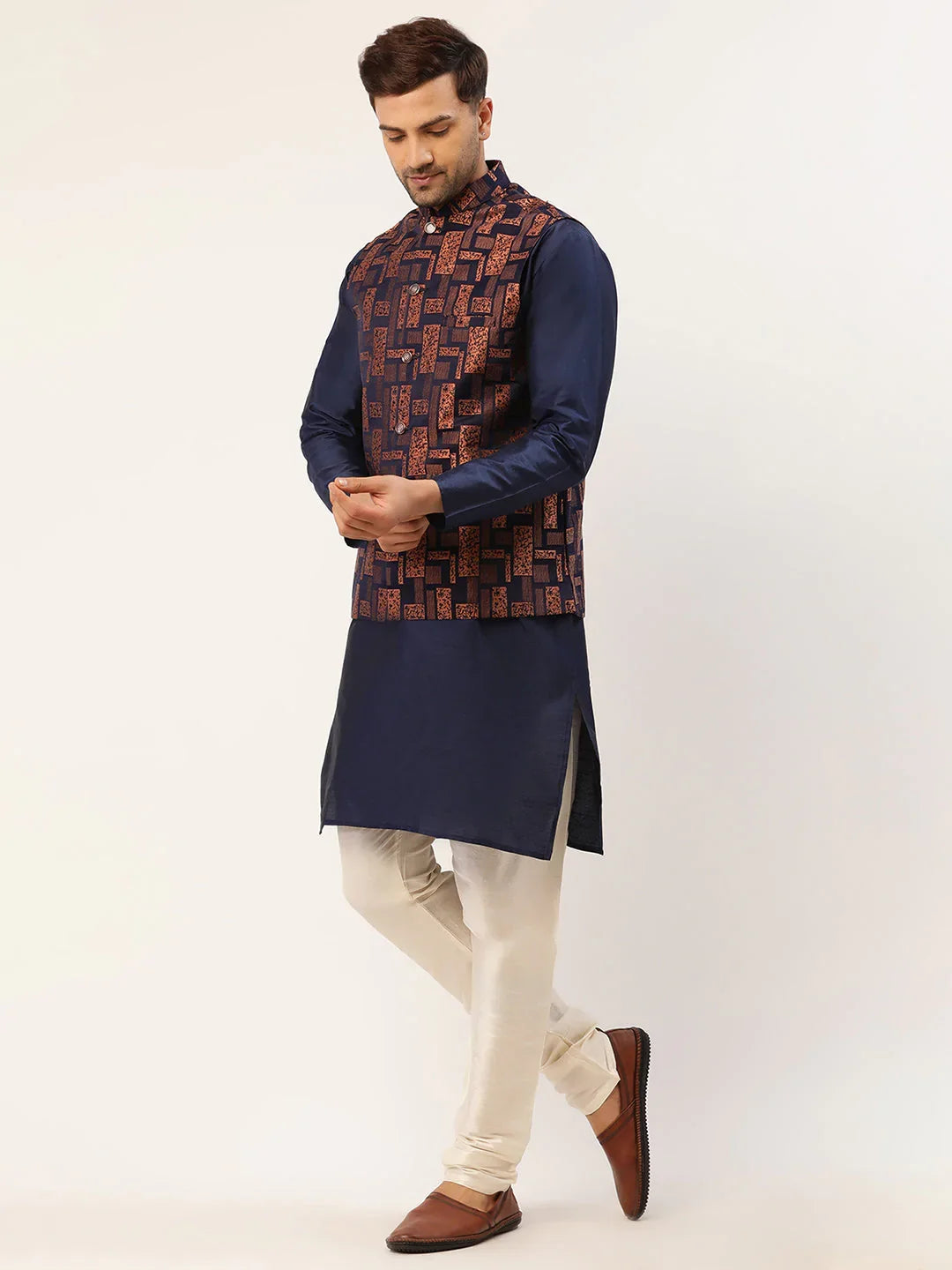 DesiQlo Men Ethnic Set with waistcoat - Gold - JOKPWC_N-D_4037Bronze_S