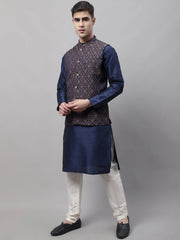 Men Navy Blue Solid Kurta Pyjama with Brown Woven Design Nehru Jacket