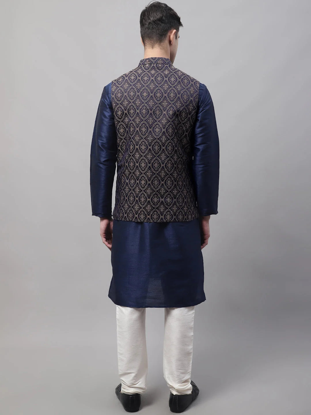 Navy Blue Kurta Pyjama Set with Brown Nehru Jacket | Mens Kurta