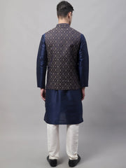 Men Navy Blue Solid Kurta Pyjama with Brown Woven Design Nehru Jacket